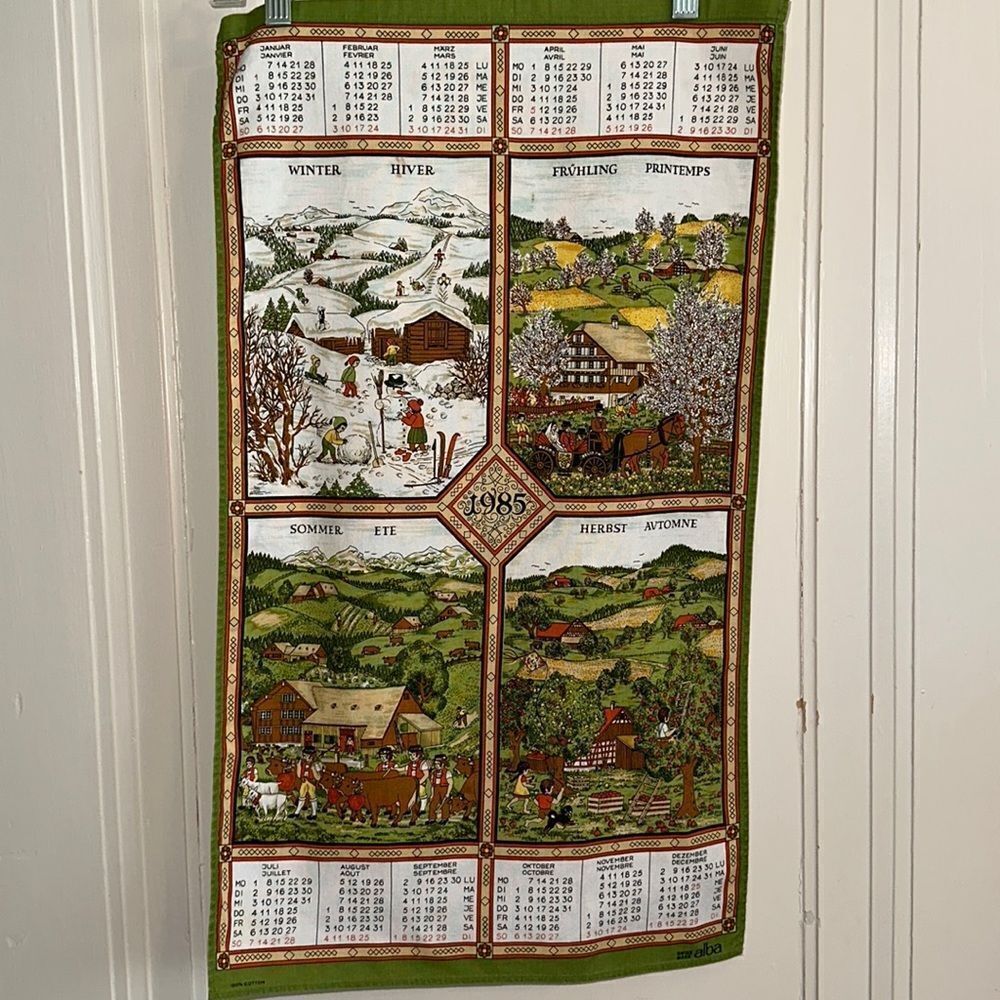Vintage 1985 Alba cotton calendar‎ tea towel/European scenes of the four seasons